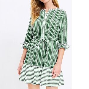 LOFT Green/White Striped Tab Sleeve Button Flounce Mini Dress Size large